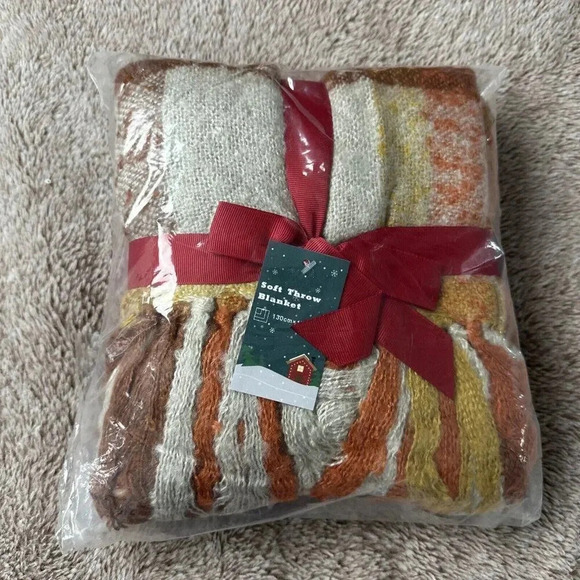 Orange Plaid Blanket Throw Acrylic Soft Reversible Dyed Fringed Bed Blanket f... - Picture 8 of 14